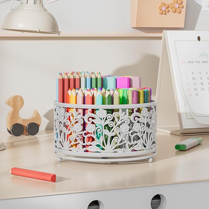 EKNITEY Rotating Mesh Desk Organizer - 4 Slots Cute Pen Pencil Holder Caddy for Office Art Supplies Home School Classroom White