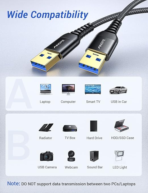 AINOPE USB to USB Cable, USB 3.0 A to A Male to Male Cable [Never Rupture] Double End Type A Cord Compatible with Hard Drive Enclosures, KVM, DVD Player, TV, Laptop Cooler,6.6Ft/Black, 1 Pack
