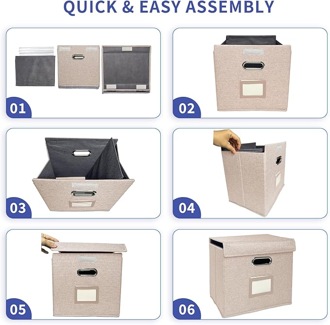 4 Pack Hanging File Folder Box with Lid, Durable Letter Size Filing Storage Box, Sturdy File Holder with Cardboard Support PVC Rails for Office Home Organizer, Beige
