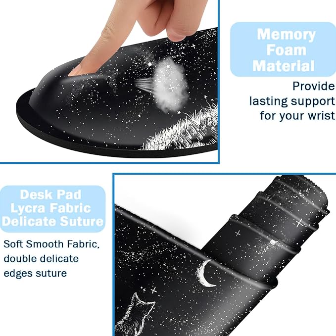 Ergonomic Mouse Pad Set with Wrist Support for Keyboard and Wrist Rest for Mouse, Memory Foam Comfort, Non-Slip Large Desk Mat for Home Office Pain Relief,Black Cat Moon Starry