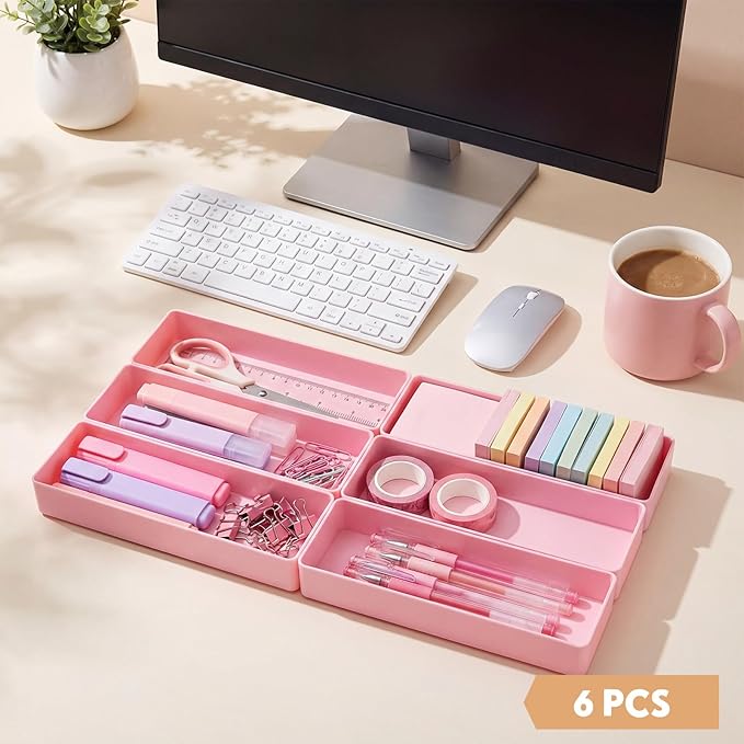 Teling 6 Pcs Pink Large Rectangular Desk Organizer Set, Half Accessory Tray, Plastic Tabletop Organizer for Office, Home, or Study, Dimensions: 9.45 x 2.95 x 1.38 Inches