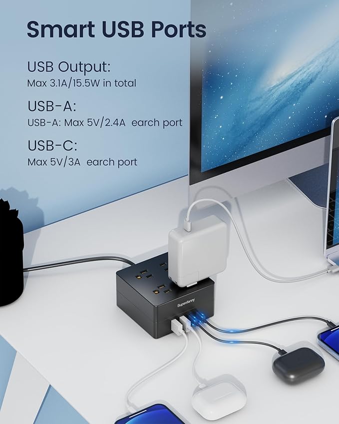 Power Strip USB Surge Protector - SUPERDANNY 9.8ft Mountable Charging Station with 4 Widely Spaced Outlets & 4 Smart USB Ports, Desktop Extension Cord for Home, Office, Hotel, Dorm, Room, RV, Black