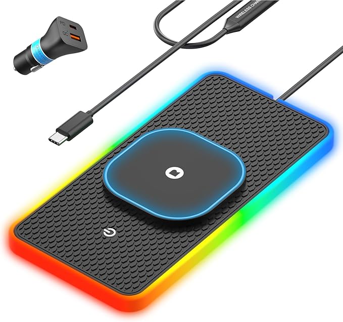 RGB Wireless Car Charging Pad for Magsafe, REESTECQI 15W LED Magnetic Wireless Charger for Car Non Slip Type C Charging Mat with 40W Car Charger Compatible with iPhone 17-12, Airpods (30CM Cable)
