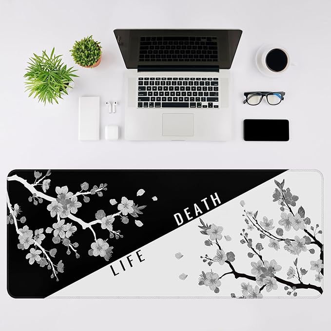 DIGSOM Mouse Pad Gaming Keyboard Pad 31.5 x 11.8 in Gaming Mouse Pad with Anti-Slip Rubber Base and Stitched Edges, Japanese Life Death Keyboard Mat(Black with White Cherry Blossom)