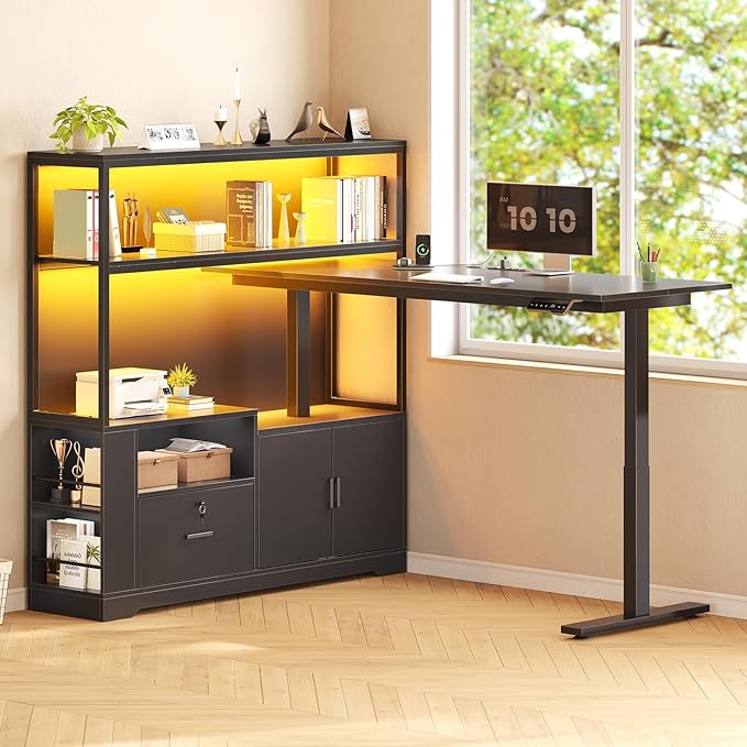 SEDETA 56.7" L Shaped Standing Desk, Reversible Computer Office Desk with Drawers & Hutch, Stand Up Corner Gaming Desks with LED Lights & Power Outlets for Home Office, Black