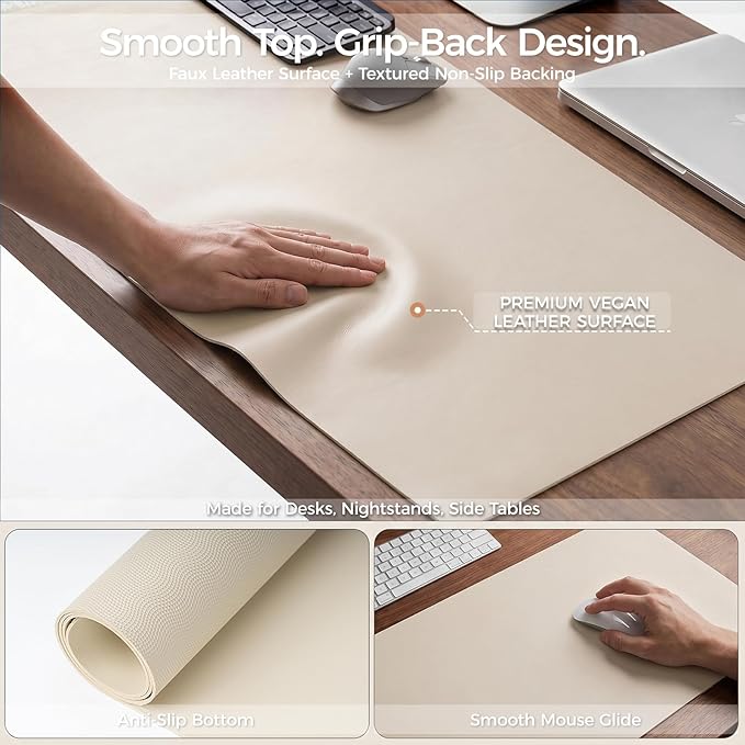 1.6mm Thick Leather 14x36 Inch Non-Slip Mat, Waterproof Countertop Protector, Coffee Machine Mat/Dresser Top Protector, Creamy White