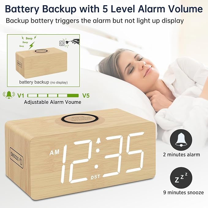 DreamSky Wooden Digital Alarm Clock with Wireless Charging for Bedroom, Bedside Nightstand Clock with Charger Station, USB Port, Large Numbers, Adjustable Volume, Brightness Dimmer, DST