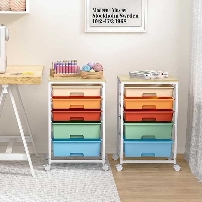 SYKIARIOL Utility Cart with 5 Drawers,Storage Cart with Wooden Tabletop and Lockable Wheels,Craft Storage Trolley Organizer,5-Tier Rolling Utility on Wheels,Macaron