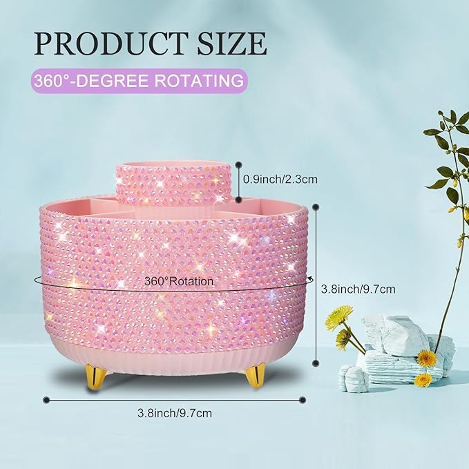 Bling Pink Rhinestone Desk Organizer with 5 Slots 360 Degree Rotating, Bling Pen Holder Makeup Brush Holder for Women, Pink Rhinestone Office Accessories