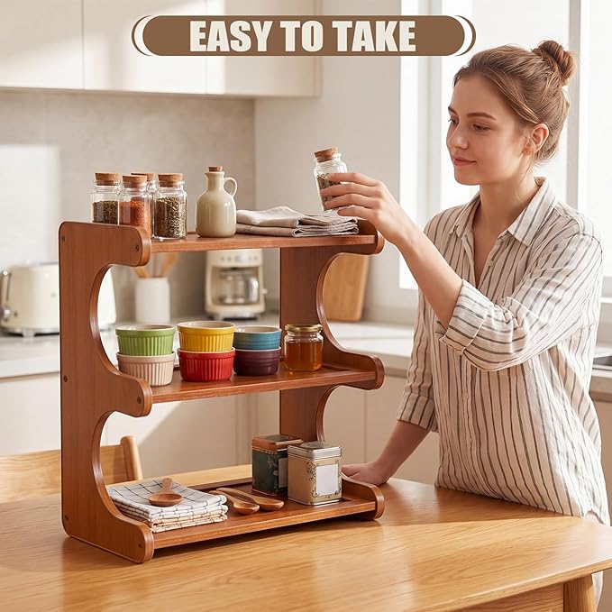 Chumia 3 Tier Bamboo Desk Shelf Bookshelf for Desktop Organization, Table Shelf Organizer Storage Rack for Home Kitchen Cabinet Living Room Office, Mug Cup Display Holder Countertop Supplies