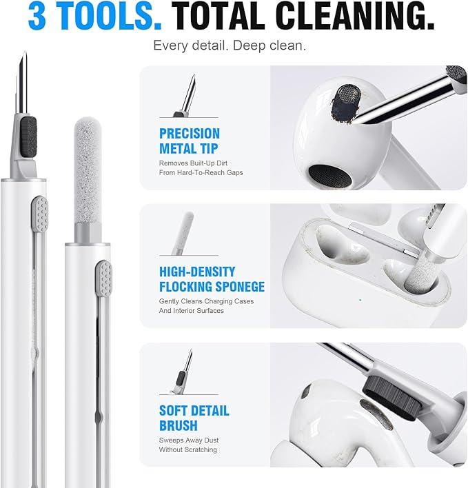 Hyashee Cleaner Kit for AirPods Pro 3/2/1, 3-in-1 Earbud Cleaning Pen with Metal Tip, Soft Brush & Flocking Sponge, Cleaning Tool for Wireless Earbuds, Charging Case, Phone, Keyboard & Electronics