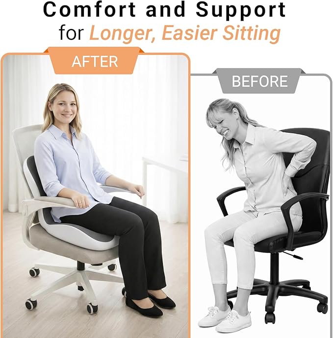 Ergonomic Seat Cushion Set with Lumbar Support Pillow, High-Density Memory Foam Cushion with Non-Slip Base, Posture Support Cushion for Office Chair, Home Chair, Car Seat (Dark Gray + Light Gray)