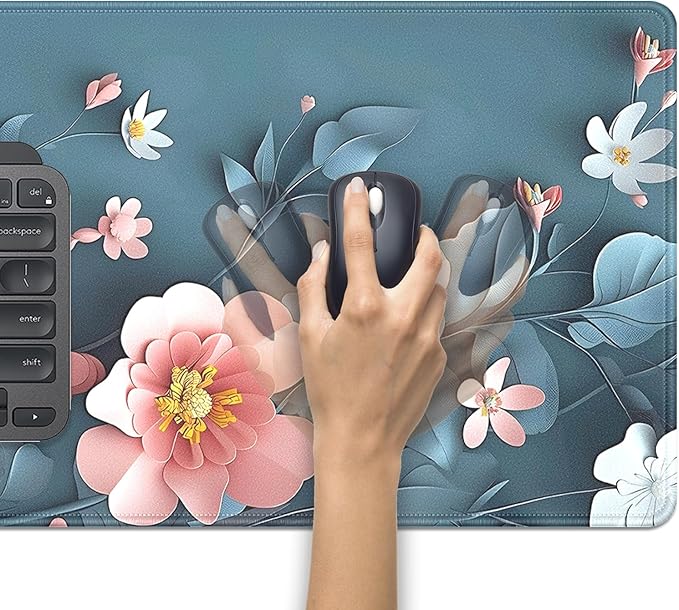 Blue Art Flowers Mouse Pad,Extended Abstract Floral Mousepad Desk Pad with Stitched Edges,Non-Slip Waterproof Rubber Base Mouse Mat for Office Computer Keyboard Laptop Home 27.5x11.8 in