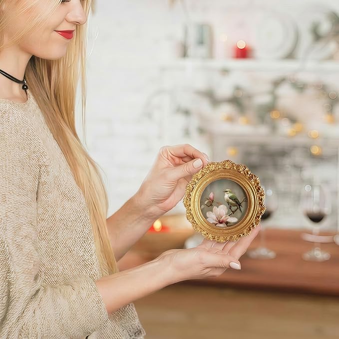 Small Vintage Bird Spring Round Picture Frame Wall Decor, Pink Flower Gold Mini Ornate Photo Frame for TableTop Desk 2.7in Photo,Rustic Farmhouse Framed Artwork for Walls Office Bedroom Shelf