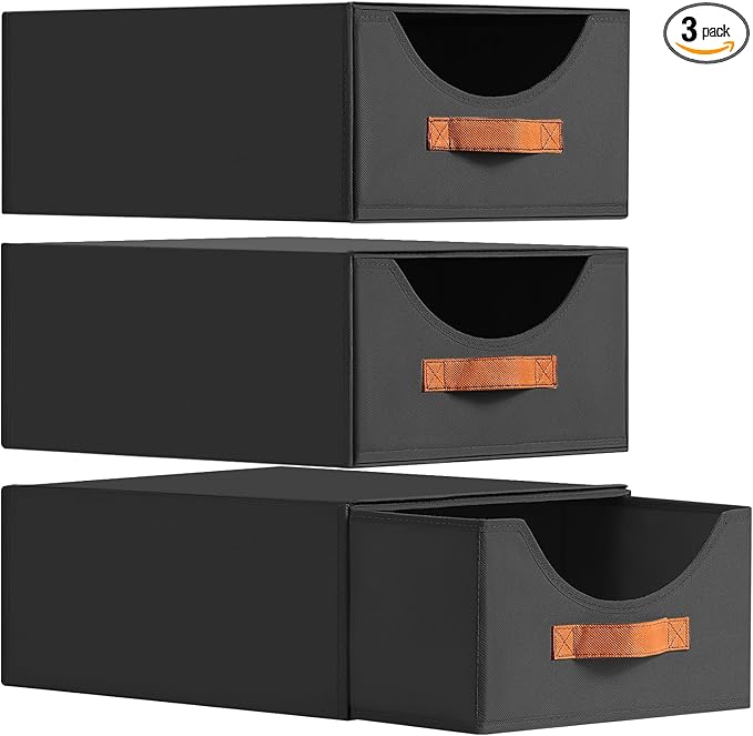 Homsorout Large Stackable Storage Bins - Fabric Pull-out Closet Shelf Organizer, Linen Closet Organizers and Storage, Decorative Storage Boxes for Bedroom, Office, Dorm, 3 Pack, Black