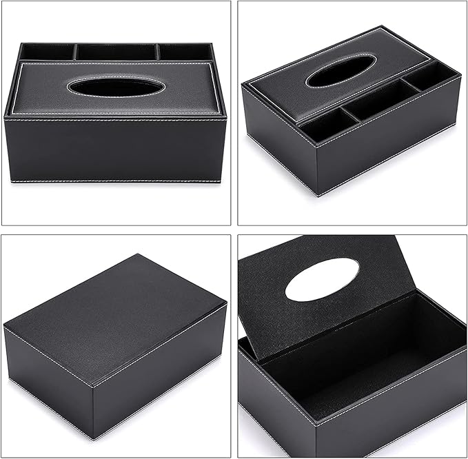 PU Leather Tissue Box Cover - Multifunctional Tissue Box Holder with Stationery Remote Control Box - Elegant and Stylish Home Napkin Holder Desktop Tissue Paper Holder Desk Storage Organizer (Black)