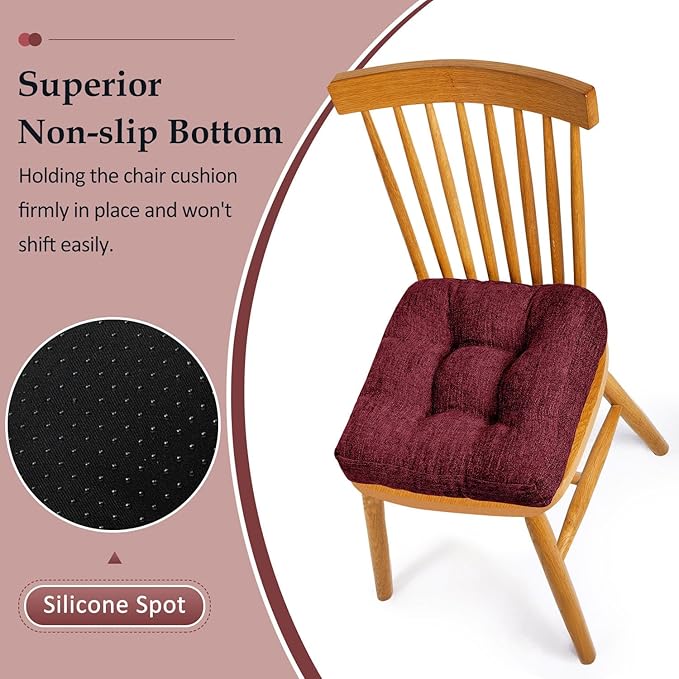 downluxe Chair Cushions for Dining Chairs 2 Pack, Tufted Indoor Chair Pads with Non-Slip Bottom, U-Shaped Kitchen Chair Cushions, 18"x18"x4", Burgundy