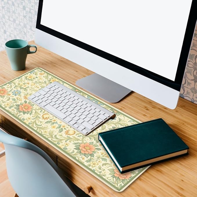 Vintage Floral Mouse Pad Green Botanical Cottage Garden Extended Mousepad Waterproof Stitched Edges Rubber Base Non-Slip Deskmap Computer Keyboard Mat 31.5x11.8 Inch