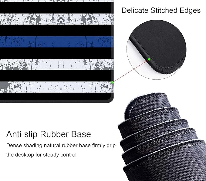 Gaming Mouse Pad, Large Mouse Pads for Desk, Non-Slip Rubber Base Mousepad, Keyboard Mouse Mat Desk Pad with Stitched Edges, 31.5x11.8 inch Retro Thin Blue Line Flag