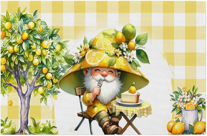 Placemats Set of 4 Heat-Resistant Rectangle Place Mats Yellow Lemon Gnomes Washable Plastic PVC Dining Table Mat Non-Slip Wipeable Woven Vinyl Placemat for Kitchen Patio Table Decor