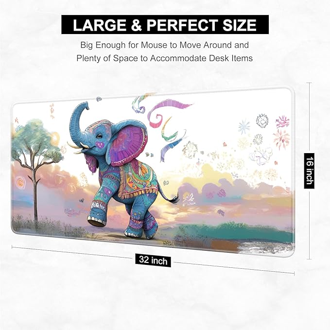 Desk Pad, 32" x 16" XXXL Extended Large Gaming Mouse Pad, Desktop Decor Desk Mat, Men Women Office Supplies and Accessories, Cute Anime Mouse Mat for Laptop & Keyboard, Colorful Elephant
