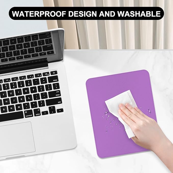 Leather Mouse Pad, Office Mouse Mat Non-Slip Rubber Base Stitched Edge Washable Waterproof Rectangular Mousepad for Office Gaming PC Laptop, 9.8" x 7.9", Purple