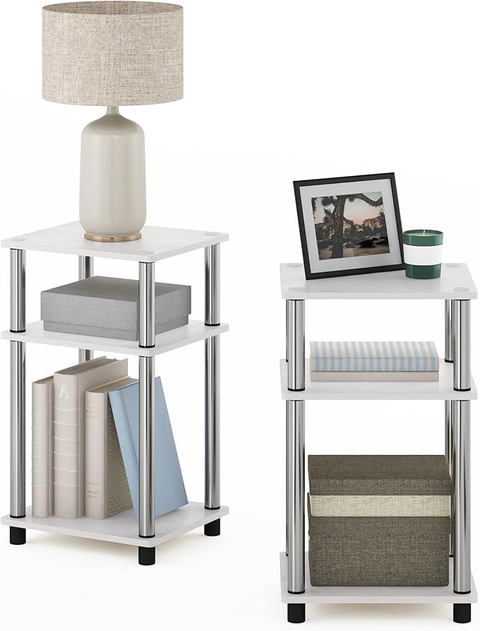 Furinno JUST Side Table Set of 2, 3-Tier Modern End Tables, Open Shelves Night Stand, Nightstand Set, Toolless Assembly, for Living Room, Bedroom, White Oak/Stainless Steel