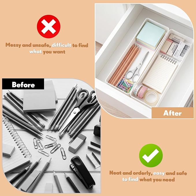 Teling 2 Pcs White Large Rectangular Desk Organizer Set, Half Accessory Tray, Plastic Tabletop Organizer for Office, Home, or Study, Dimensions: 9.45 x 2.95 x 1.38 Inches