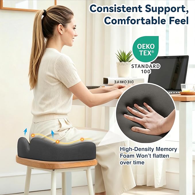 TushGuard Ergonomic Seat Cushion with Coccyx Cutout - Memory Foam Office Chair Cushions for Tailbone Pressure Relief, Non-Slip Chair Pad with Washable Cover for Car, Office, Wheelchair, Grey