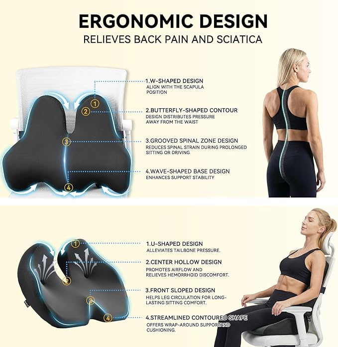 Seat Cushion Lumbar Support Pillow Set, X Large Memory Foam Coccyx Pad for Tailbone & Sciatica Pain Relief, Office Chair Cushions Back Support for Car, Desk, Wheelchair with Adjustable Fixed Strap