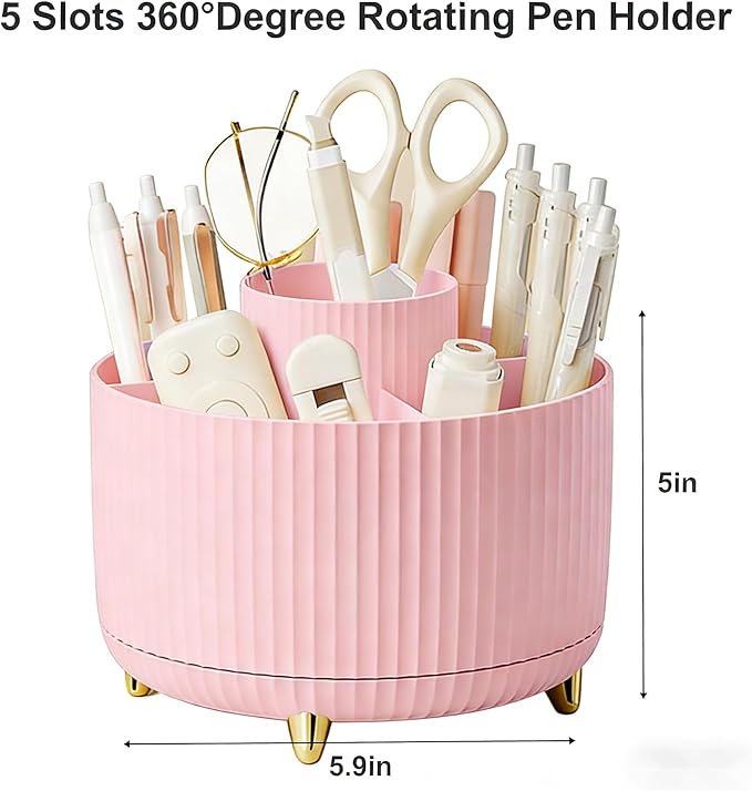 Pencil Pen Holder 5 Slots 360°Degree Rotating Pen Organizers for Desk Desktop Storage Stationery Supplies Cute Pencil Cup Pot Kids Desk Organizer for Office Home School（Pink 2）