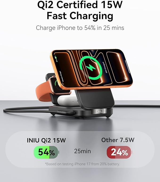 INIU 3 in 1 Foldable Wireless Charging Station, Original Qi2 Certified 15W Fast Mag-Safe Charger Stand for iPhone 17 16 15 14 13 12, Apple Watch, AirPods, Ideal for Travel Office Desk Accessories