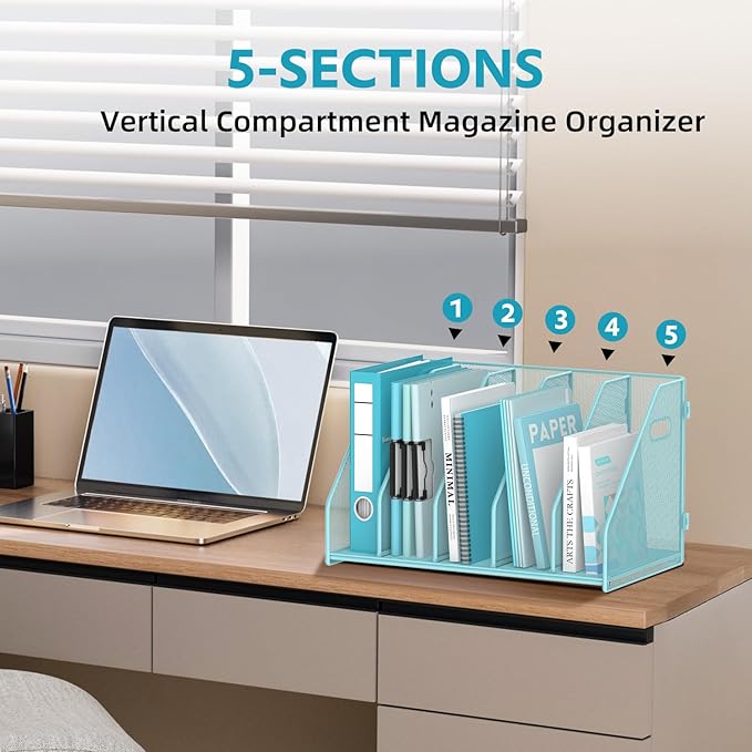 SUPEASY Binder Organizer, Magazine File Holder with 5 Vertical Compartments Rack, Metal Desk File Organizer & Binder Holders, Magazine Organizers for Office Desktop, Home, School, Classroom (Blue)