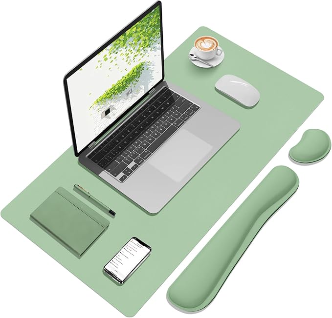 Desk Mat Set， Wrist Rest for Computer Keyboard, 3-in-1 Large Mouse Pad and Keyboard Wrist Rest Set, Non-Slip Desk Mat Protector for Office, Home(27.5×13.8 Inches, Lake Green)