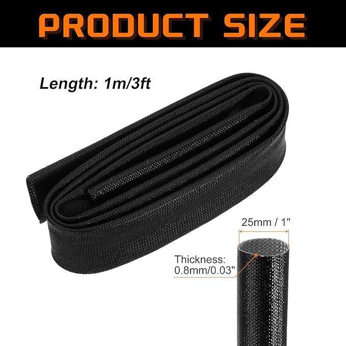 MECCANIXITY 3ft Braided Cable Sleeve, 1" ID 200C Heat Resistant 1500V Fiberglass Wire Insulation Cord Protector Organizer Wires Management for Motor Engine Fuel Line, Black