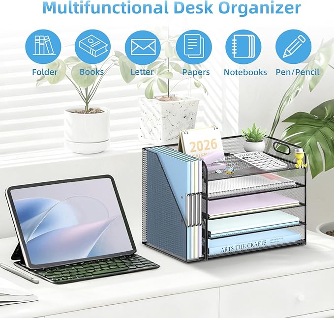 SUPEASY 5-Tier Desk Organizer with File Holder, Desk Organizers and Accessories, Paper Organizer for Desk, Mesh Desktop File Organizer, Workspace Organizers for Office Home School Classroom, Black