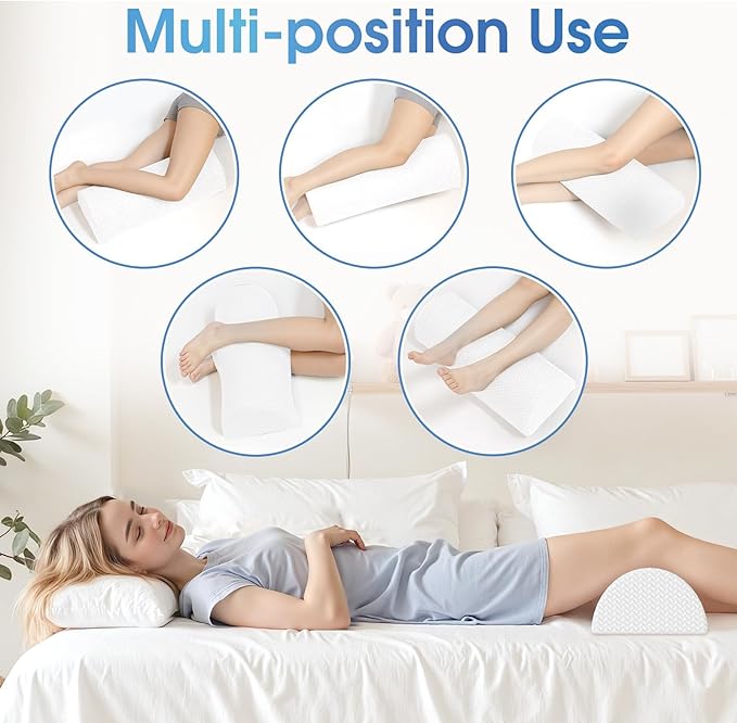 TranquilRelax Knee Pillow for Back Sleeping Memory Foam Half Moon Bolster Pillow for Legs, Under Knee Support, Ankle & Foot Comfort Orthopedic Pillow for Side Sleepers (White, 22" x 8.7" x 5.3")
