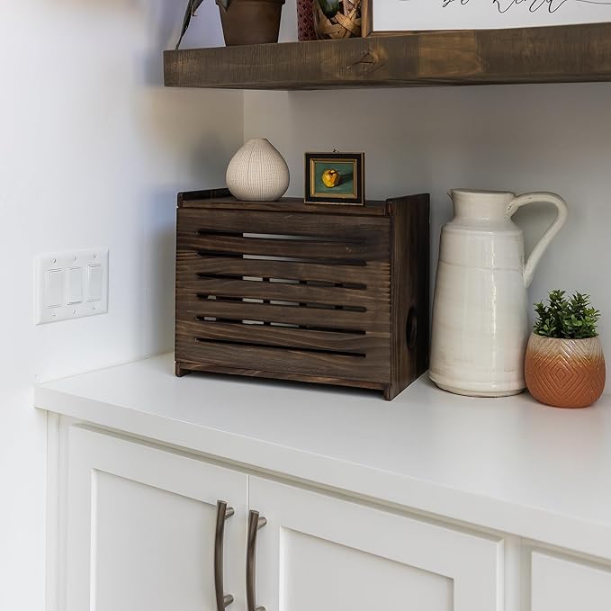 Wooden WiFi Router Storage Box - Deluxe Wall Mountable Decorative Modem Shelf Hider Cover with Cable Management System Home Organization Solution for Routers Up to 11" Tall - Espresso Brown