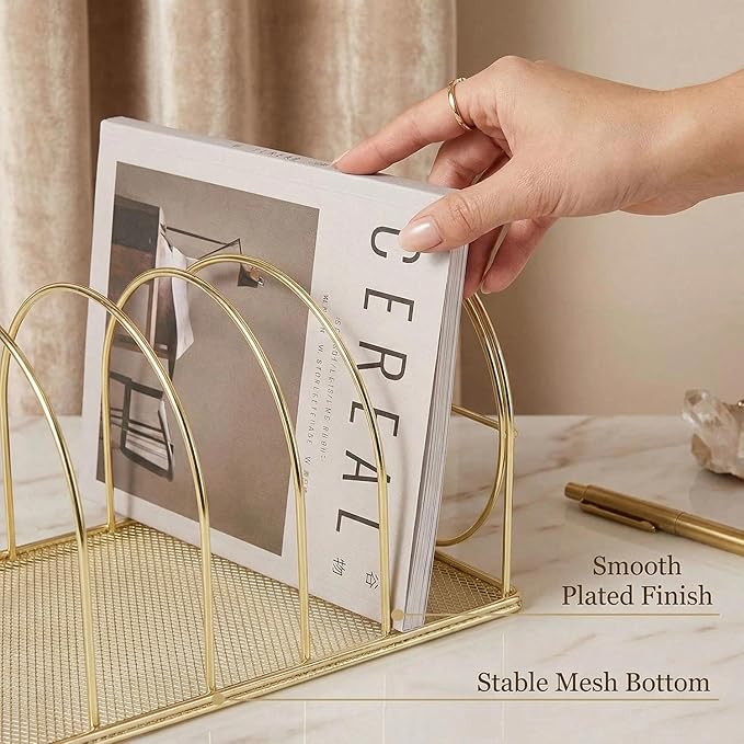 File Sorter Organizer, 5 Section Magazine Holder Rack, Desktop Round Wire Book Stand for Mail, Paper, Document, Folder, Record and Desk Accessories, Gold