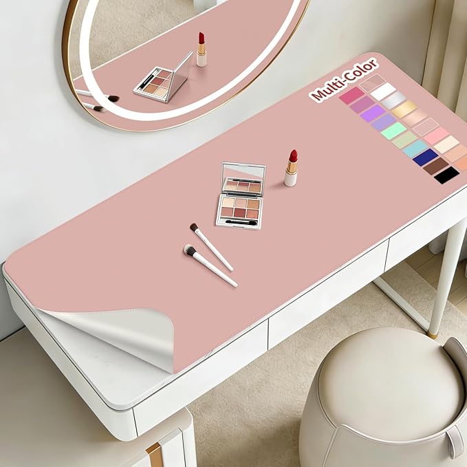 Makeup Mat for Vanity to Protect Desk Top 23.6 x 11.8 in, Dual-Sided Makeup Mat, Easy to Clean Desk Pad - Waterproof and Oilproof Vanity Accessories (Pink and Silver)