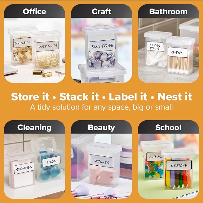Bostitch Konnect Storage Containers with Lids, Office Organizer, Clear Plastic Box, Stackable for Crayons, Q-tips, Office Supplies, Labels, 0.5 Qt, 2 Pack