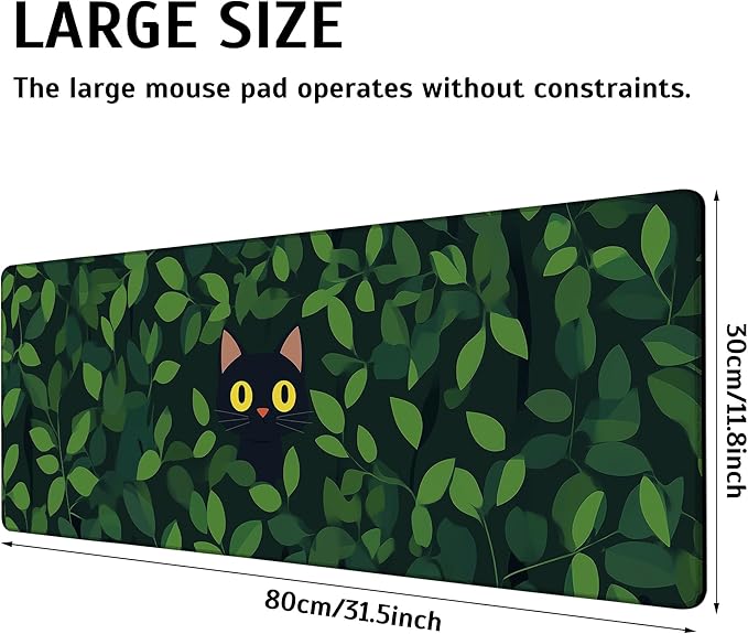 Large Gaming Mouse Pad Black Cat Hide Green Leaves Desk Mat,Non-Slip Rubber Base Stitched Edges,Extended Mousepad for PC,Laptop,Office,Home Decor(31.5 x 11.8 Inch)
