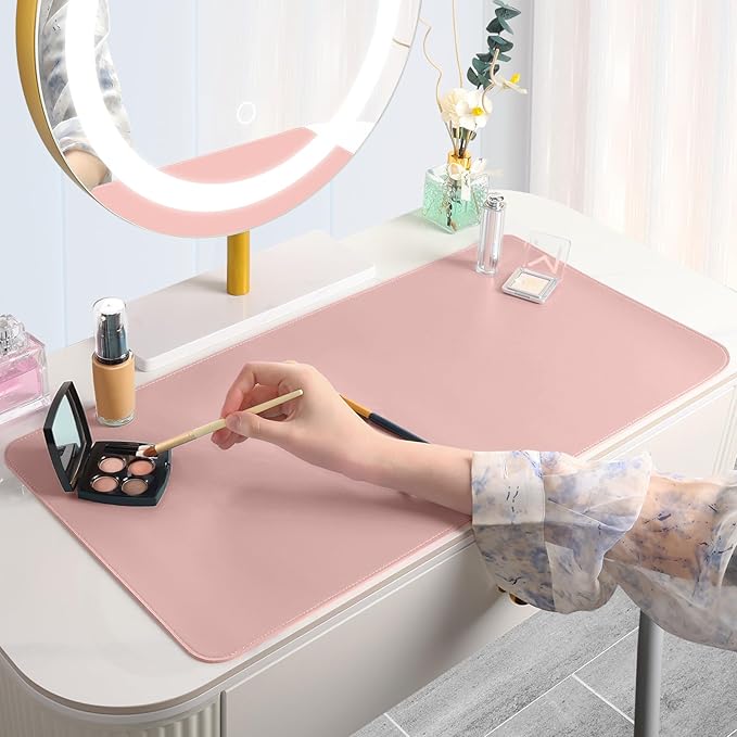 Makeup Mat for Vanity to Protect Desk Top 19.7 x 15.7 in, Dual-Sided Makeup Mat, Easy to Clean Desk Pad - Waterproof and Oilproof Vanity Accessories (Pink and Silver)