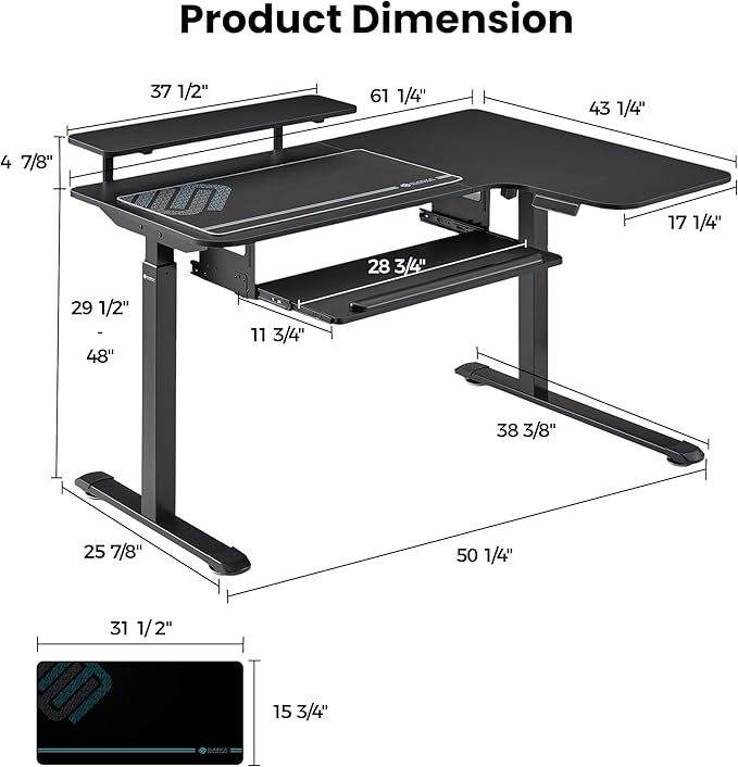 EUREKA ERGONOMIC 55 Inch L Shaped Electric Standing Desk, Height Adjustable Computer Gaming Desk with Keyboard Tray, Mouse Pad, Home Office Work,Carbon Fiber Black, Right Side