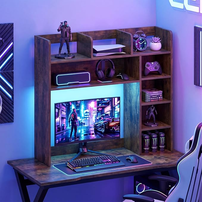 Tangkula Desktop Bookshelf with LED Lights, Desk Hutch with 8 Shelves for Max 25" Monitor, Desktop 5-Tier Display Rack, Multipurpose Wood Desktop Storage Hutch Organizer for Dorm Office Home