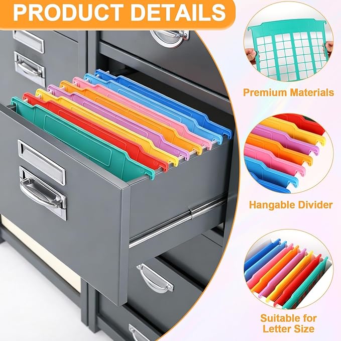party greeting 8 Pack File and Folder Dividers 9x11.4 Inches Plastic Hanging Filing Cabinet Dividers Organizers Insertable File Separators Supplies for Office Drawer Organization (Rainbow)