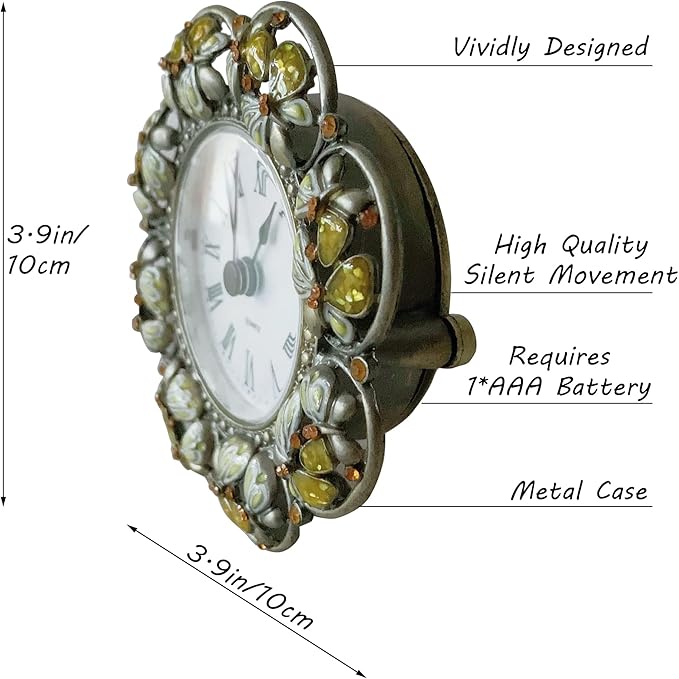Silent Mini Vintage Analog Table Clock with Hand-Painted Metal Body and Battery Operated Non-Ticking Core for Shelf, Bedroom, Bedside, Desk, Gift Clock