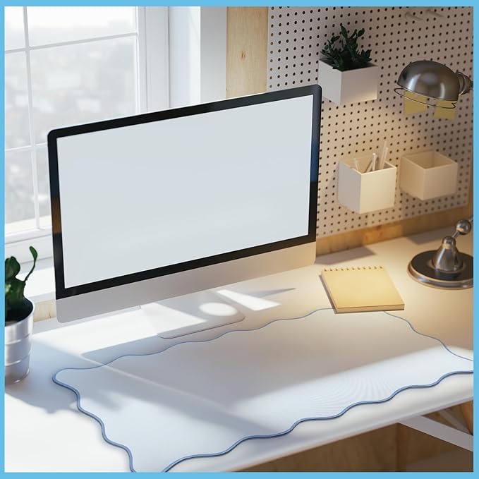Hahafelt Scalloped Desk Mat Large Desk Pad Cute Coquette Table Mat Aesthetic Preppy Table Make up Pad Nonslip 2026 Graduation Gift with Stitching Waterproof Gaming(Blue,31.5 x 15.8 Inches)