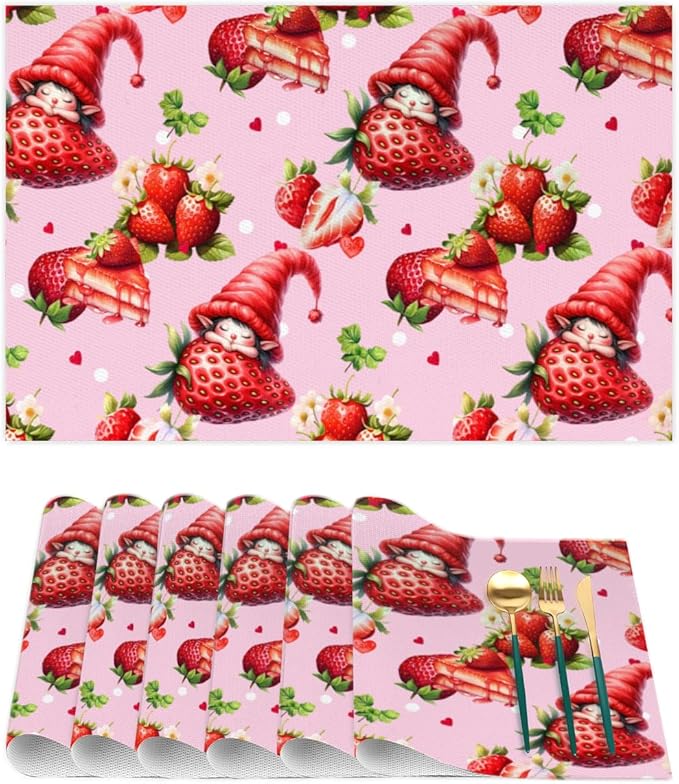 Placemats Set of 4 Heat-Resistant Rectangle Place Mats Strawberry Pink Cute Washable Plastic PVC Dining Table Mat Non-Slip Wipeable Woven Vinyl Placemat for Kitchen Patio Table Decor