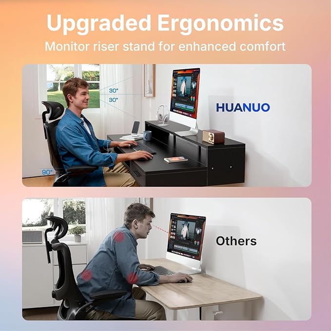 HUANUO 63″ x 26″ Electric Standing Desk with 2 Drawers &24.4″ Large Keyboard Tray, C-Clamp Mount Compatible, Adjustable Computer Desk for Office, Sit Stand Up Desk with 4 Height Presets, Black
